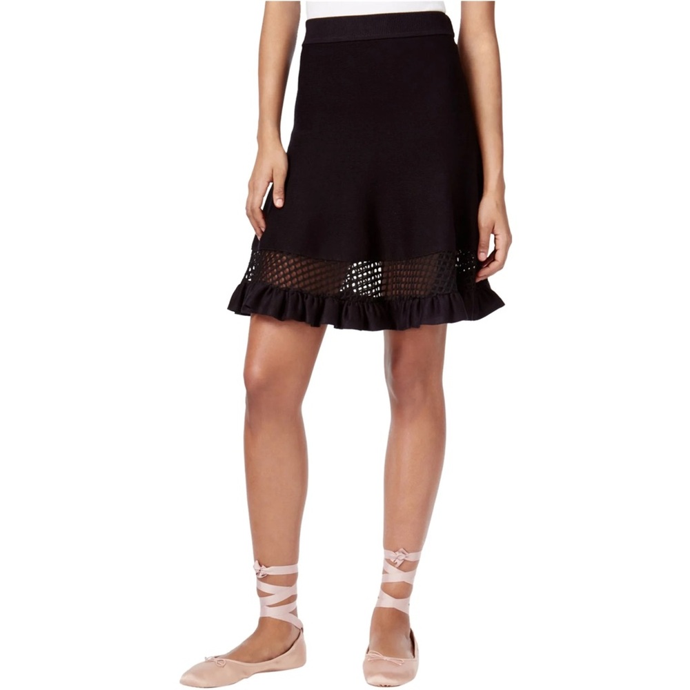 Rachel Roy Black Viscose Knit Flared Skirt XS Mesh Ruffle Hem Stretchy Romantic